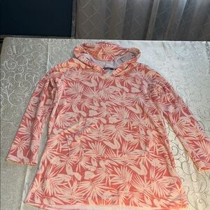 LANDS’ END Pink and White Leaf Print Swim Coverup with Hoodie girls size XL